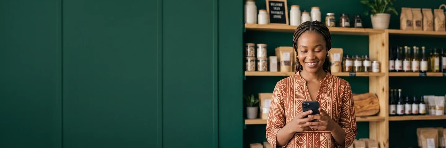 A small-business owner checking her phone in her shop