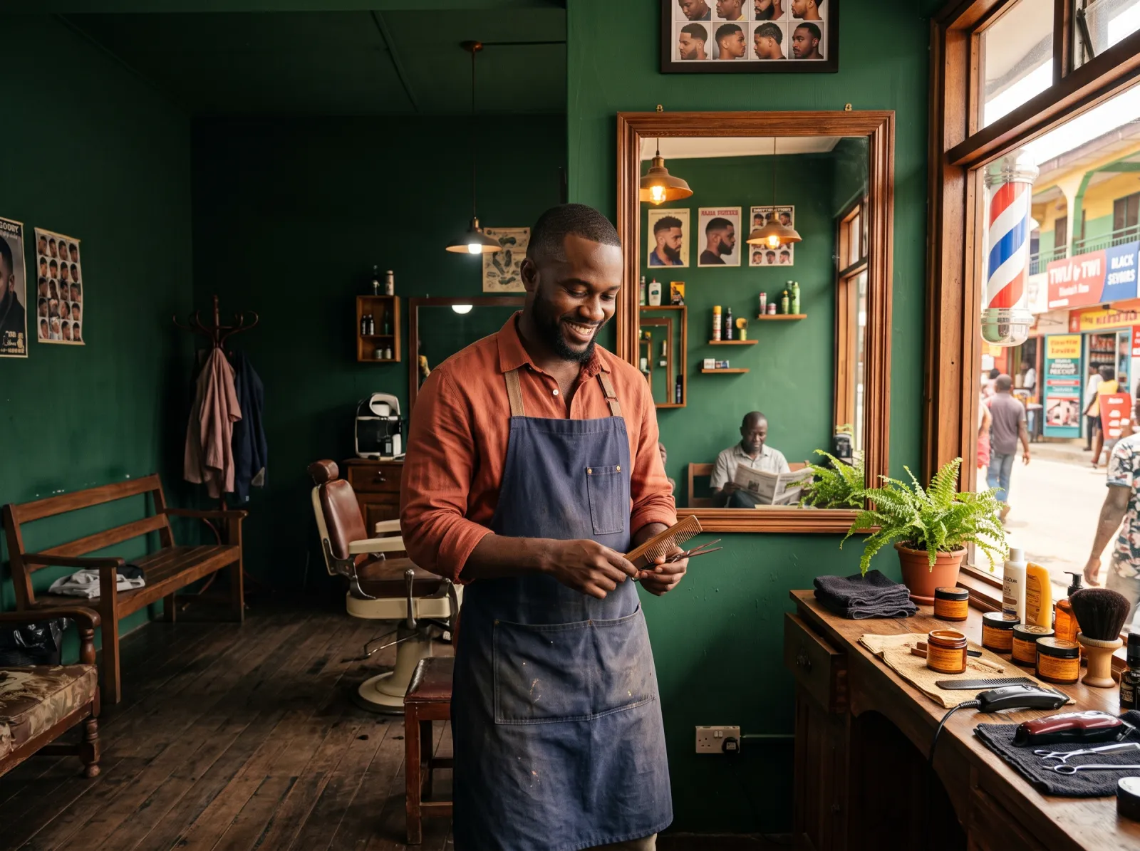 An African barber smiling in his shop