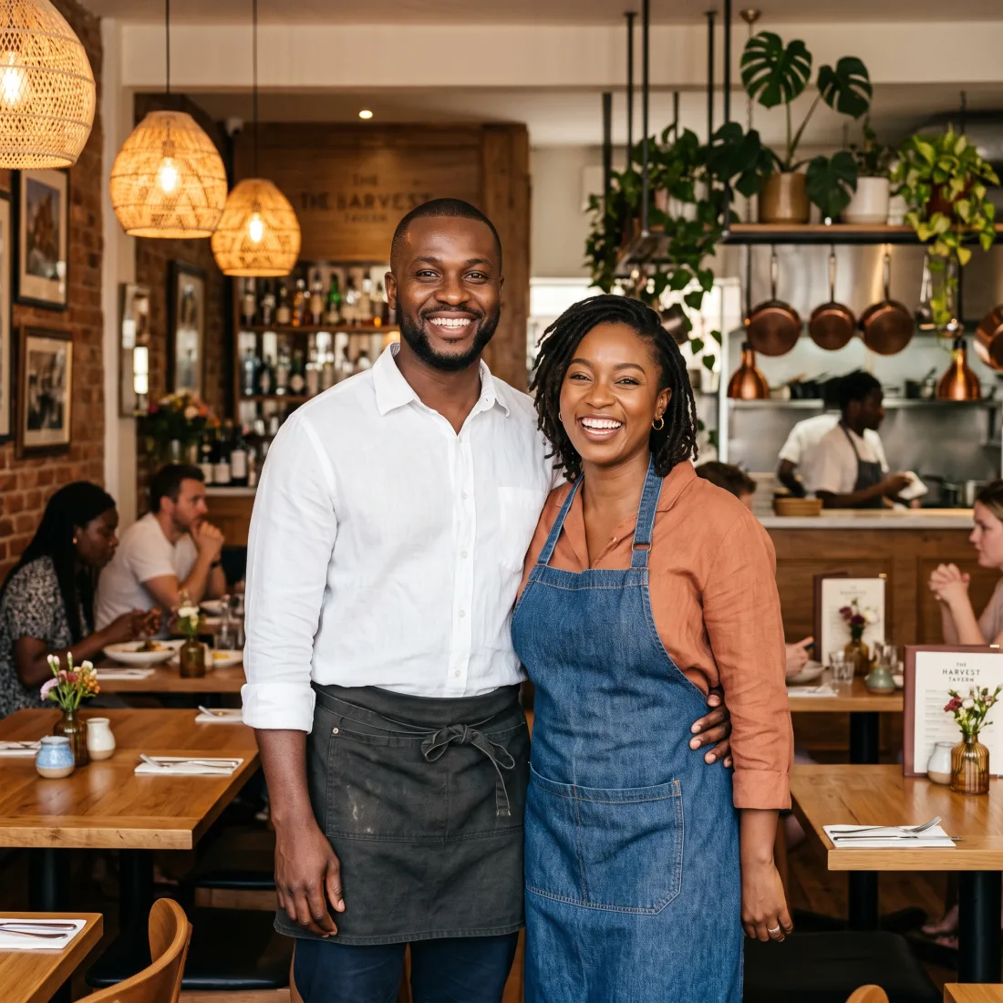 Two restaurant owners standing in their restaurant